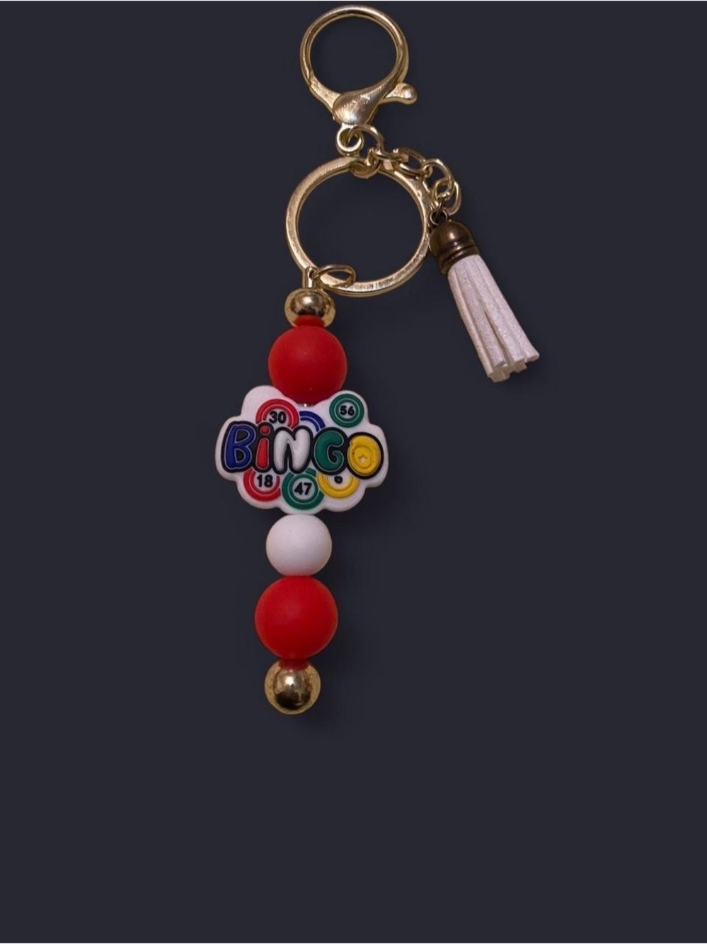 Bingo Bead Tassel Keychain in Red, White & Gold